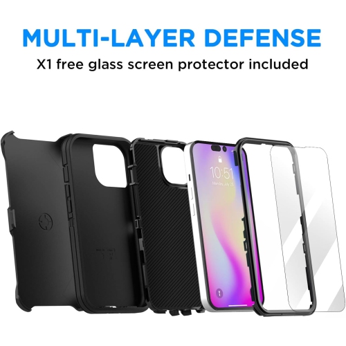 for iPhone 14 Pro Case Belt-Clip Holster Case, with Glass Protector, Heavy Duty Drop Protection Full Body Rugged