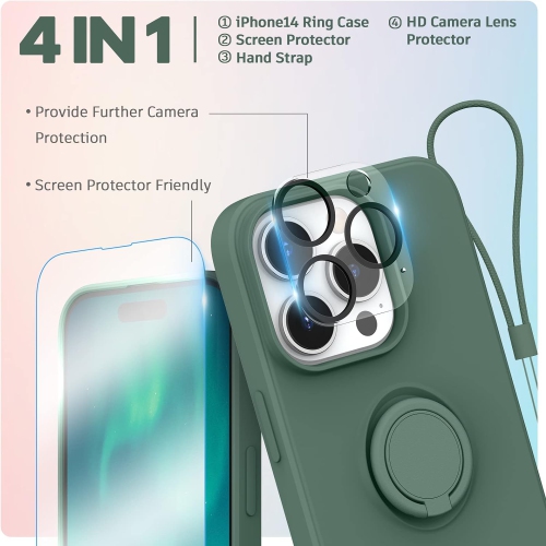 [4 in 1] Ring Holder Case for iPhone 14 Pro Case,with Screen Protector+Camera Lens Protector+Hand Strap,Silky
