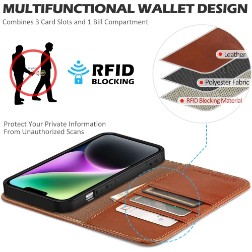 Case for iPhone 14 6.1" 2022, Genuine Leather iPhone 14 Wallet Case with Kickstand RFID Blocking Credit Card