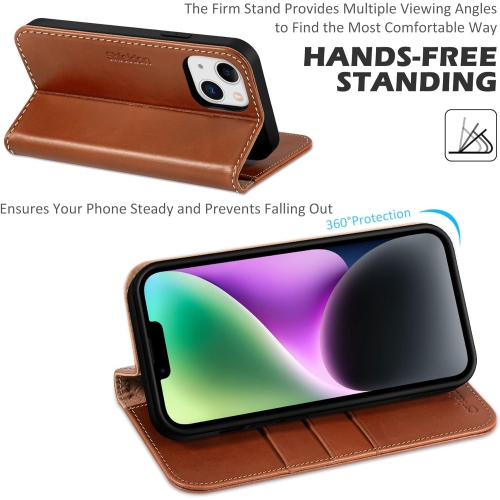 Case for iPhone 14 6.1" 2022, Genuine Leather iPhone 14 Wallet Case with Kickstand RFID Blocking Credit Card