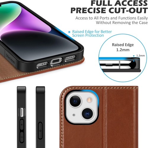 Case for iPhone 14 6.1" 2022, Genuine Leather iPhone 14 Wallet Case with Kickstand RFID Blocking Credit Card