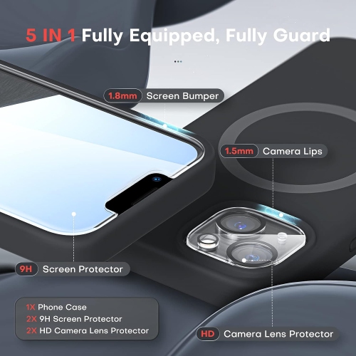 Magnétique 3-en-1 pour étui iPhone 13 avec MagSafe, 2 protecteurs d'écran + 2 protecteurs d'objectif pour appareil photo,