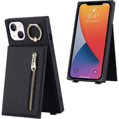 iPhone – Étui 13 avec porte-cartes, étui-portefeuille à bandoulière pour iPhone 13 avec dragonne pour femmes，[Support à anneau béquille]