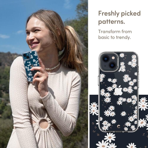 Cecile compatible avec l'étui protecteur floral transparent pour iPhone 13 - Marguerite blanche