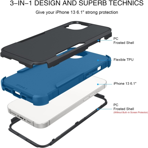 iPhone 13 Case, iPhone 13 Cases Heavy Duty 3 in 1 Full Body Rugged Non Slip Shockproof Hybrid Hard PC Soft TPU
