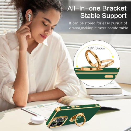 iPhone 14 Pro Case, iPhone 14 Pro Phone Case Ring Holder Edge Plating Kickstand Soft Silicone Bumper Women