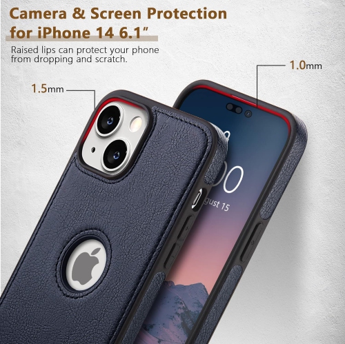 Compatible with iPhone 14 Case 6.1 Inch Premium Leather TPU Hybrid Case Cover, Navy Blue