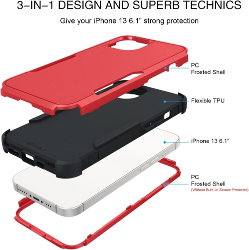 iPhone 13 Case, iPhone 13 Cases Heavy Duty 3 in 1 Full Body Rugged Non Slip Shockproof Hybrid Hard PC Soft TPU