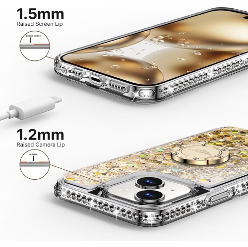for iPhone 14 Plus Case with Ring Kickstand Lanyard, Moving Liquid Glitter Sparkle Holographic, Girls Women