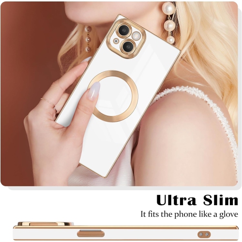 for iPhone 14 Plus Magnetic Case, Luxury Plating Edge Square Case for Women Girls Men Soft TPU Bumper