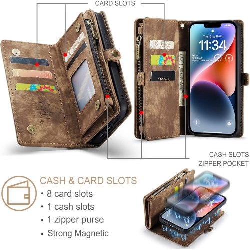 for iPhone 14 Plus Case Wallet,Zipper Purse Leather Shockproof TPU Bumper Detachable Magnetic Flip Case