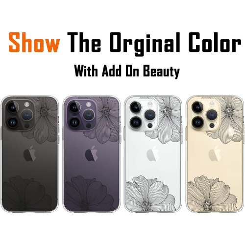 iPhone 14 Pro Case(6.1 inch), iPhone 14 Pro Cute Case with Flowers, for Girls Woman, Clear Floral Design Black