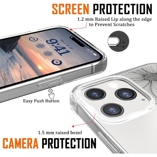 iPhone 14 Pro Case(6.1 inch), iPhone 14 Pro Cute Case with Flowers, for Girls Woman, Clear Floral Design Black