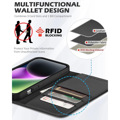 Case for iPhone 14 6.1" 5G, Genuine Leather iPhone 14 Wallet Folio Case [Magnetic Closure] [RFID Blocking Card