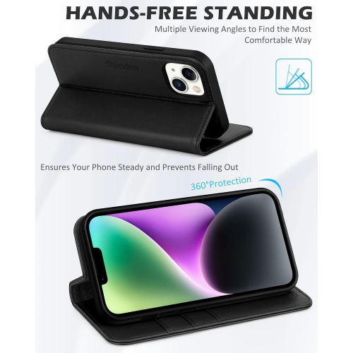 Case for iPhone 14 6.1" 5G, Genuine Leather iPhone 14 Wallet Folio Case [Magnetic Closure] [RFID Blocking Card