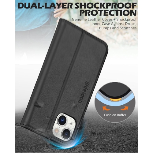 Case for iPhone 14 6.1" 5G, Genuine Leather iPhone 14 Wallet Folio Case [Magnetic Closure] [RFID Blocking Card