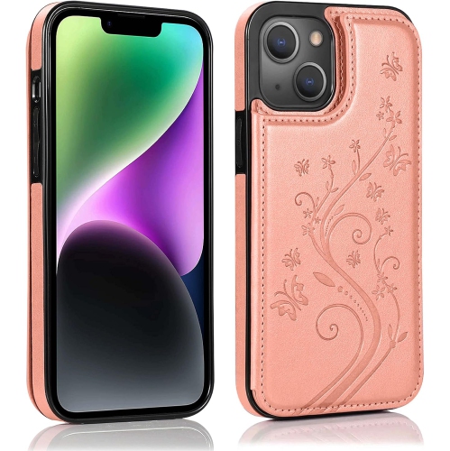 for iPhone 14 Plus Case, Embossed Butterfly Wallet Phone Case with Card Holder, Kickstand and Magnetic Closure -