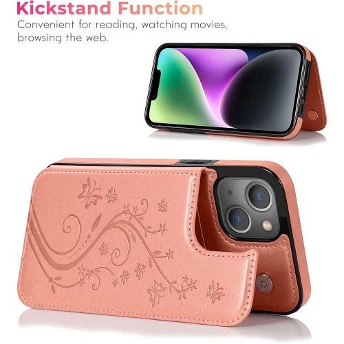 for iPhone 14 Plus Case, Embossed Butterfly Wallet Phone Case with Card Holder, Kickstand and Magnetic Closure -