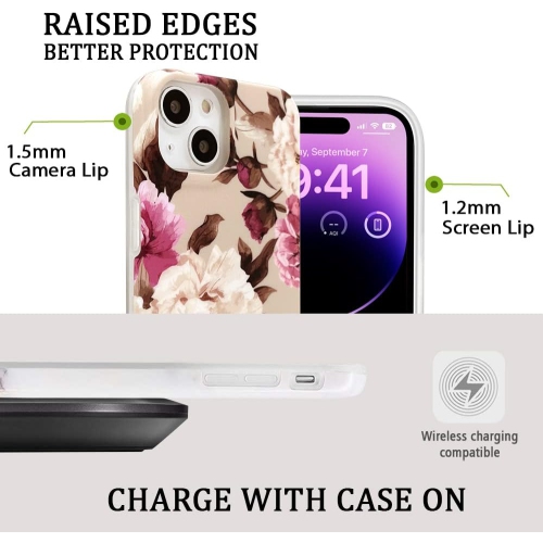 iPhone 14 Case Clear with Design, Cute Flower Floral Design for Women Girls Hard Back and Soft Bumper Shockproof