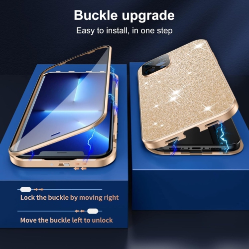 Case for iPhone 13, Magnetic Attraction Case 360 Degree Front and Back Clear Tempered Glass Flip Cover Metal