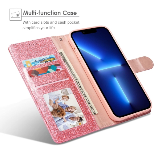 Case for iPhone 14 Pro, Glitter PU Leather TPU Bumper Card Holder [Wrist Strap] [Magnetic Closure] Wallet