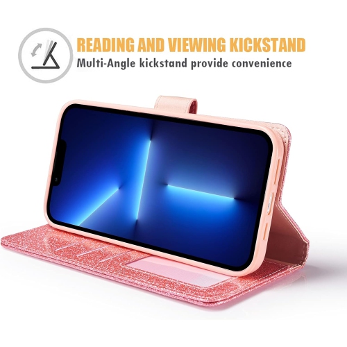 Case for iPhone 14 Pro, Glitter PU Leather TPU Bumper Card Holder [Wrist Strap] [Magnetic Closure] Wallet