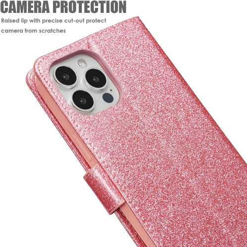 Case for iPhone 14 Pro, Glitter PU Leather TPU Bumper Card Holder [Wrist Strap] [Magnetic Closure] Wallet