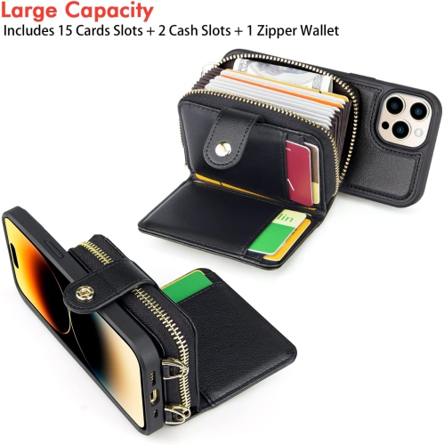 Designed for iPhone 14 Pro Case Wallet with RFID Blocking Card Holder, Magnetic Detachable Lanyard Strap Wristlet