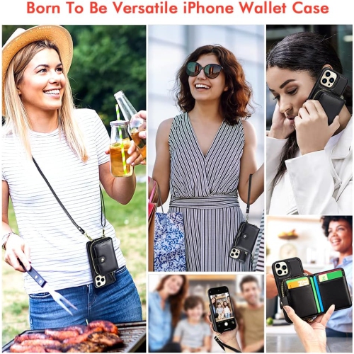 Designed for iPhone 14 Pro Case Wallet with RFID Blocking Card Holder, Magnetic Detachable Lanyard Strap Wristlet