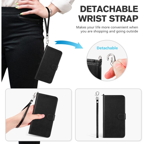 Case Wallet for iPhone 14 Pro 6.1", [Wrist Strap] RFID Blocking 4 Card Slot Stand [Shockproof TPU Shell], PU