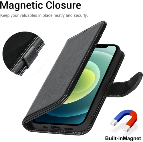 Étui portefeuille iPhone 12 Mini, pochette porte-carte en cuir de qualité supérieure avec fermeture magnétique et béquille pour femme