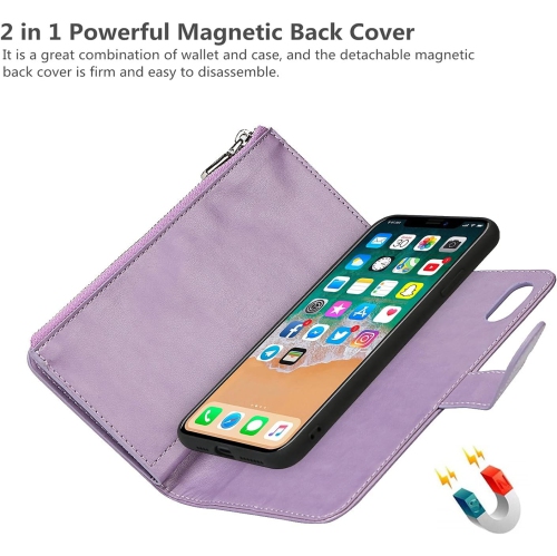 iPhone X/XS Wallet Case with Card Holder, 2 in 1 PU Leather Case with Magnetic Clasp Zipper Pocket