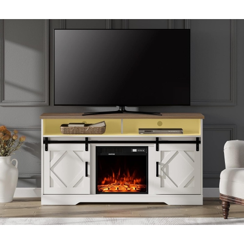 Wampat Fireplace TV Stand for TVs Up to 65 Inch, LED Wood Entertainment Center with Storage Cabinet, Sliding Barn Door, 2 Heating Mode, 5 Brightness,