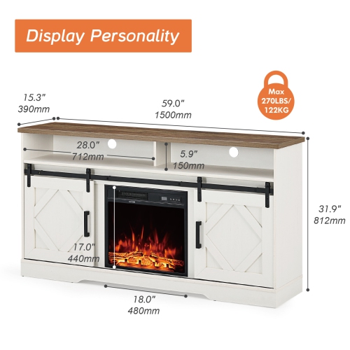 Wampat Fireplace TV Stand for TVs Up to 65 Inch, LED Wood Entertainment Center with Storage Cabinet, Sliding Barn Door, 2 Heating Mode, 5 Brightness,