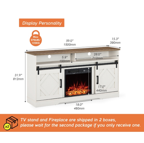 WAMPAT – Ensemble de salon 2,1 foyer électrique avec meuble de téléviseur à porte de grange coulissante et 1 table basse carrée en bois avec dessus