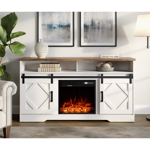 WAMPAT Fireplace TV Stand for TVs Up to 65 Inches, Wood Electric Fireplace Entertainment Center with Storage 2 Heating Mode and 5 Brightness for