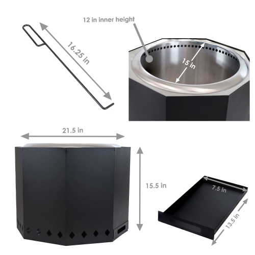 Sunnydaze 21,5 dans un foyer octogonal en acier inoxydable sans fumée avec tisonnier