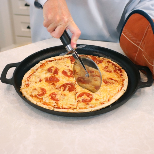 Sunnydaze Seasoned Cast Iron Pizza Pan with Handles - 13.75-Inch
