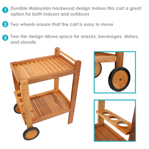 Sunnydaze – Chariot de service à 2 étages en bois dur malaisien intérieur/extérieur