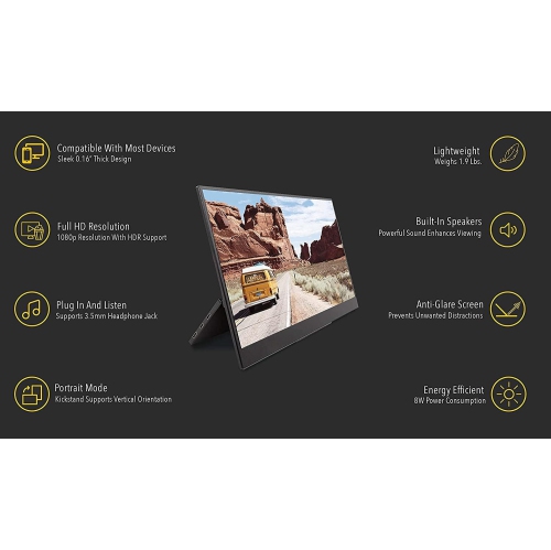 SideTrak Solo 15.8" Freestanding Portable 1080P Monitor, USB Or Mini HDMI, Black