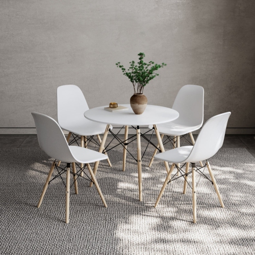 Aykah Modern Chair Set of 4 - Dining chair with wood legs - Dining Chairs of Plastic seat - Kitchen Chair - White Dining room chair - Pre Assembled