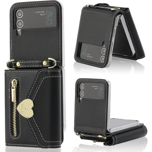 for Samsung Galaxy Z Flip 3 Case with Love Flip Wallet, Large Capacity for 8 Card Slots, and Long Strap - a