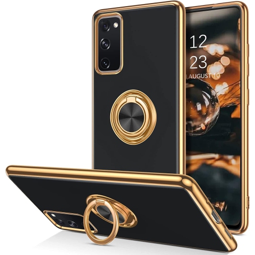 Samsung S20 FE 5G Case, 360° Rotation Kickstand Ring Holder Plating Edge Soft Rubber TPU Bumper Slim Flexible