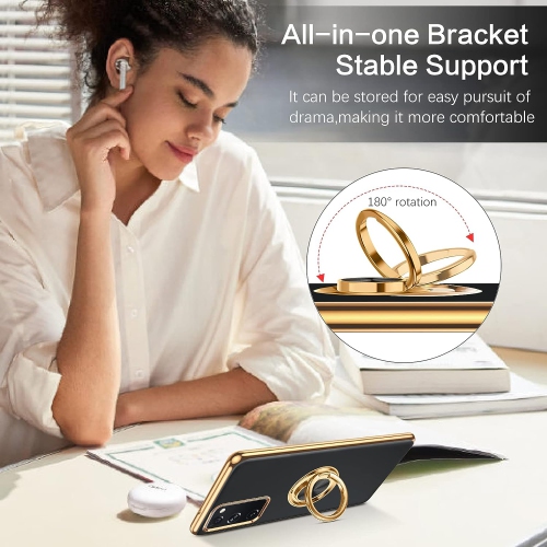 Samsung S20 FE 5G Case, 360° Rotation Kickstand Ring Holder Plating Edge Soft Rubber TPU Bumper Slim Flexible