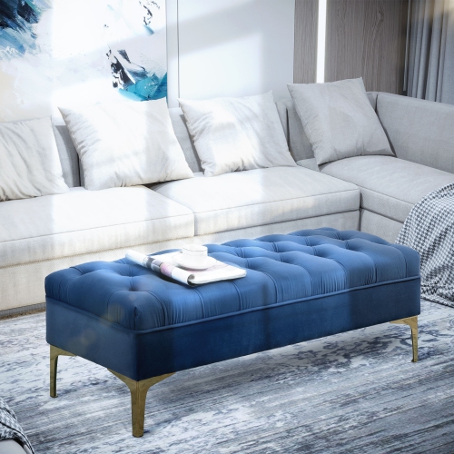 Banc recouvert de velours de HOMCOM, banc de bout de lit, banc à chaussures d'entrée capitonné et pattes en métal pour le salon, la chambre, la salle