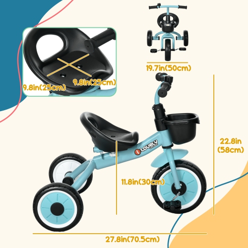 Qaba Tricycle for Toddler 2-5 Year Old Girls and Boys, Toddler Bike with Adjustable Seat, Basket, Bell, Blue
