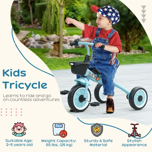 Qaba Tricycle for Toddler 2-5 Year Old Girls and Boys, Toddler Bike with Adjustable Seat, Basket, Bell, Blue