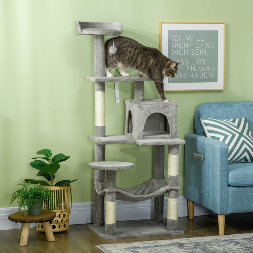 PawHut Tall Cat Tree for Indoor Cats, 56" Multi-Level Cat Tower with Hammock, Cat Bed, Cat Condo with Sisal Scratching Posts, Grey