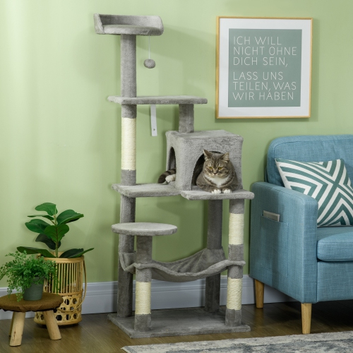 PawHut Tall Cat Tree for Indoor Cats, 56" Multi-Level Cat Tower with Hammock, Cat Bed, Cat Condo with Sisal Scratching Posts, Grey