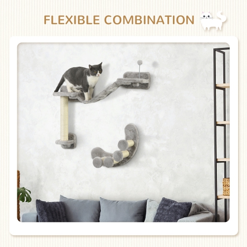 PawHut Cat Wall Shelf with Scratching Post, Cat Wall Shelves for Relaxing, Climbing, Cat Wall With Soft Ladder and Play Ball, Grey